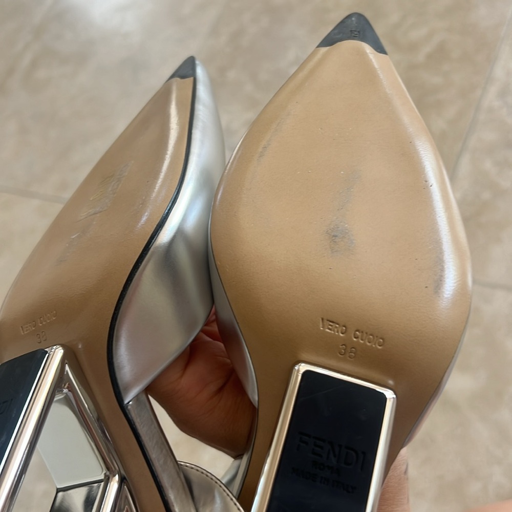 100% AUTHENTIC FENDI FIRST METALLIC F-HEEL SLINGBACK - Picture 9 of 11